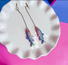 Load image into Gallery viewer, Rainbow Trout Threader Earrings / Trout Dangle Earrings by Nelly Rose Jewelry