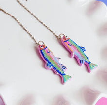 Load image into Gallery viewer, Rainbow Trout Threader Earrings / Trout Dangle Earrings by Nelly Rose Jewelry