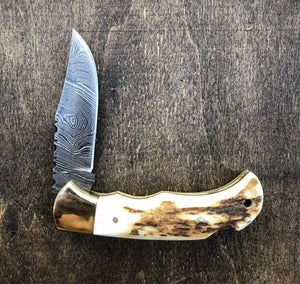 Deer Antler Damascus Pocket Knife VG33